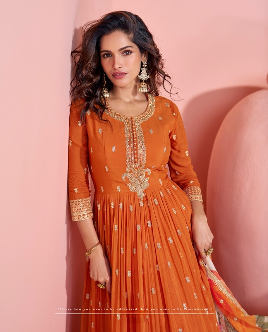 5793 - ORANGE DESIGNER EMBROIDERED PREMIUM CHINON SILK ANARKALI GOWN